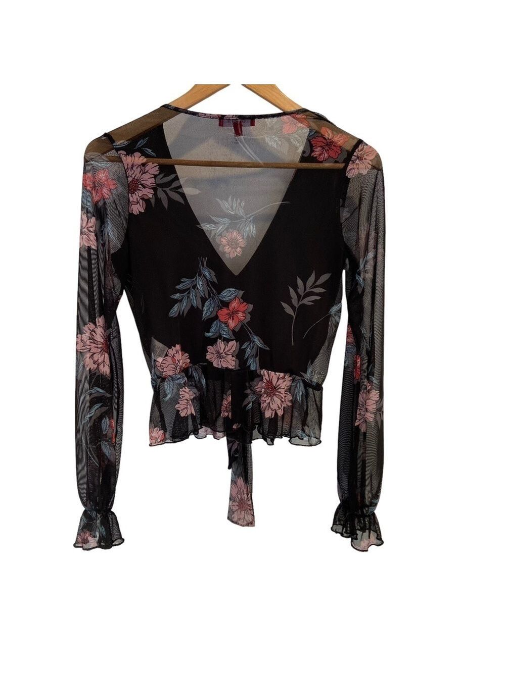 Guess black sheer crop top floral tulip long sleeves V neckline pink blue small